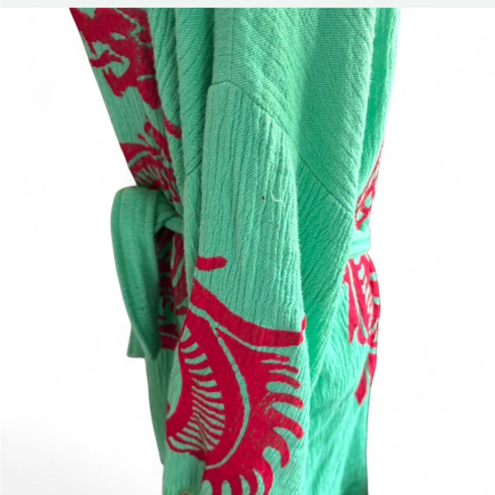 Handmade 100% 2 layers Muslin Cotton Green Kimono with Red Dragon Design - Picture 5 of 6